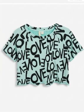 Feathers Baby Blue and Black "LOVE" Graphic Crop Tee
